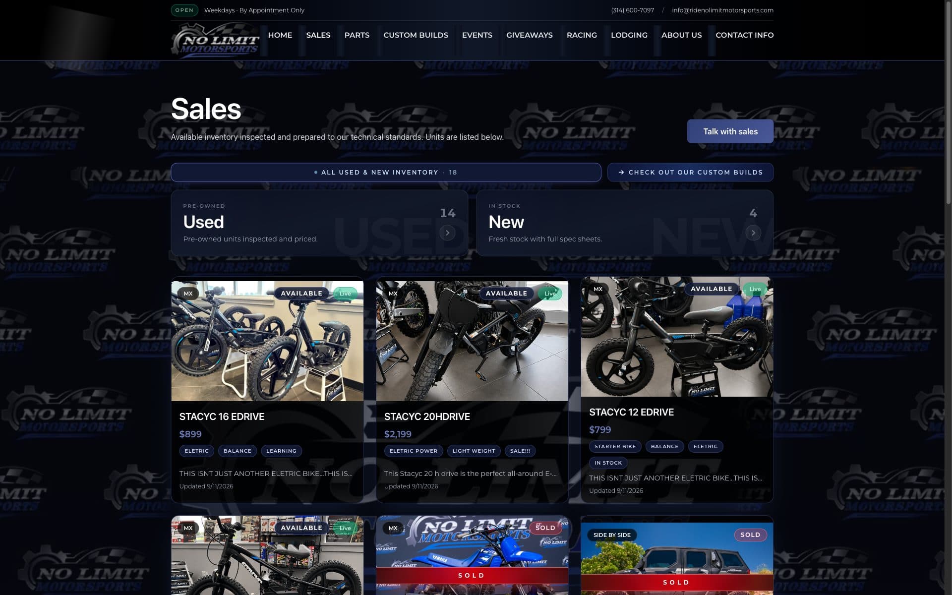 No Limit Motorsports sales page with live inventory, built by Thresh Innovations, St. Louis